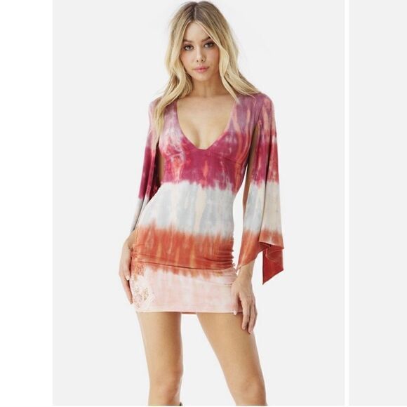 Sky Women’s Small Eliska Fire Striped Mini Dress 3/4 Sleeve Deep Cut USA - Picture 1 of 13